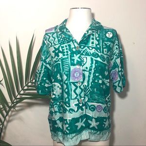 🐘Vintage Teal Print Short Sleeve Button Up Top